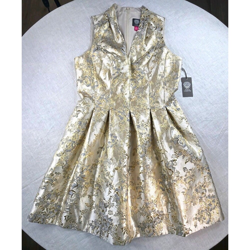 Vince Camuto Metallic Floral Jacquard Fit & Flare Dress Gold Gray 12 NWT - Picture 2 of 15